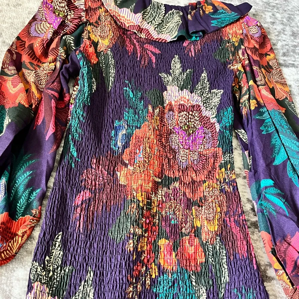 FARM Rio Flower Scarves Long Sleeve Smocked Mini Dress - Image 9