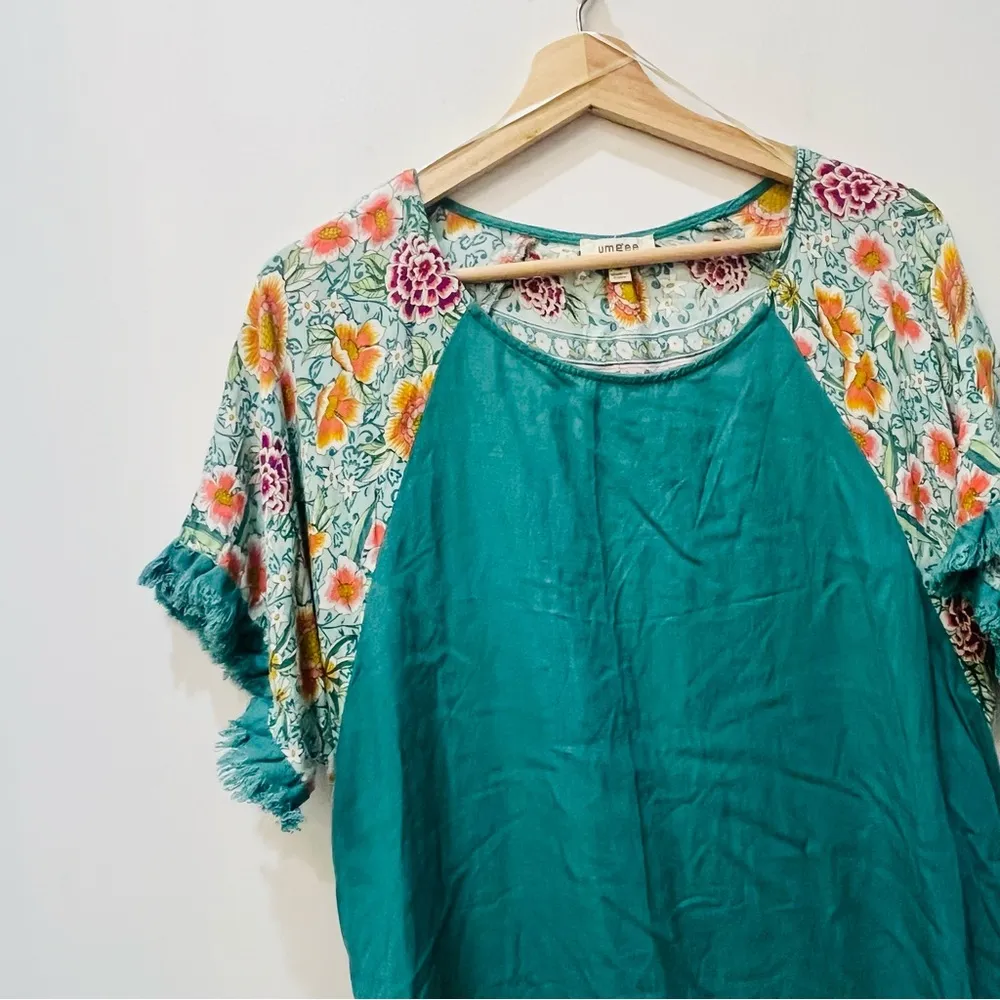 Umgee Mini Dress Women's Size Small Blue Floral Linen Short Sleeves  Medium - Image 2