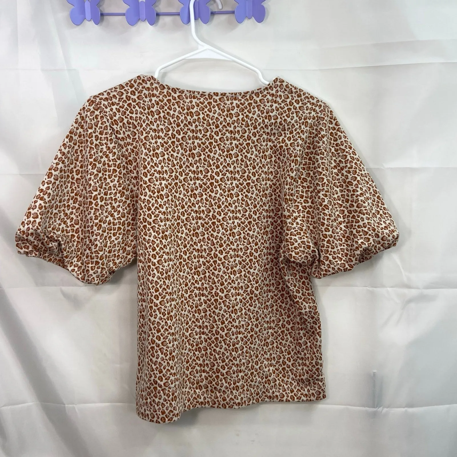 LOFT women's cream brown leopard thick knit puff sleeve stretch casual blouse XS - Image 5