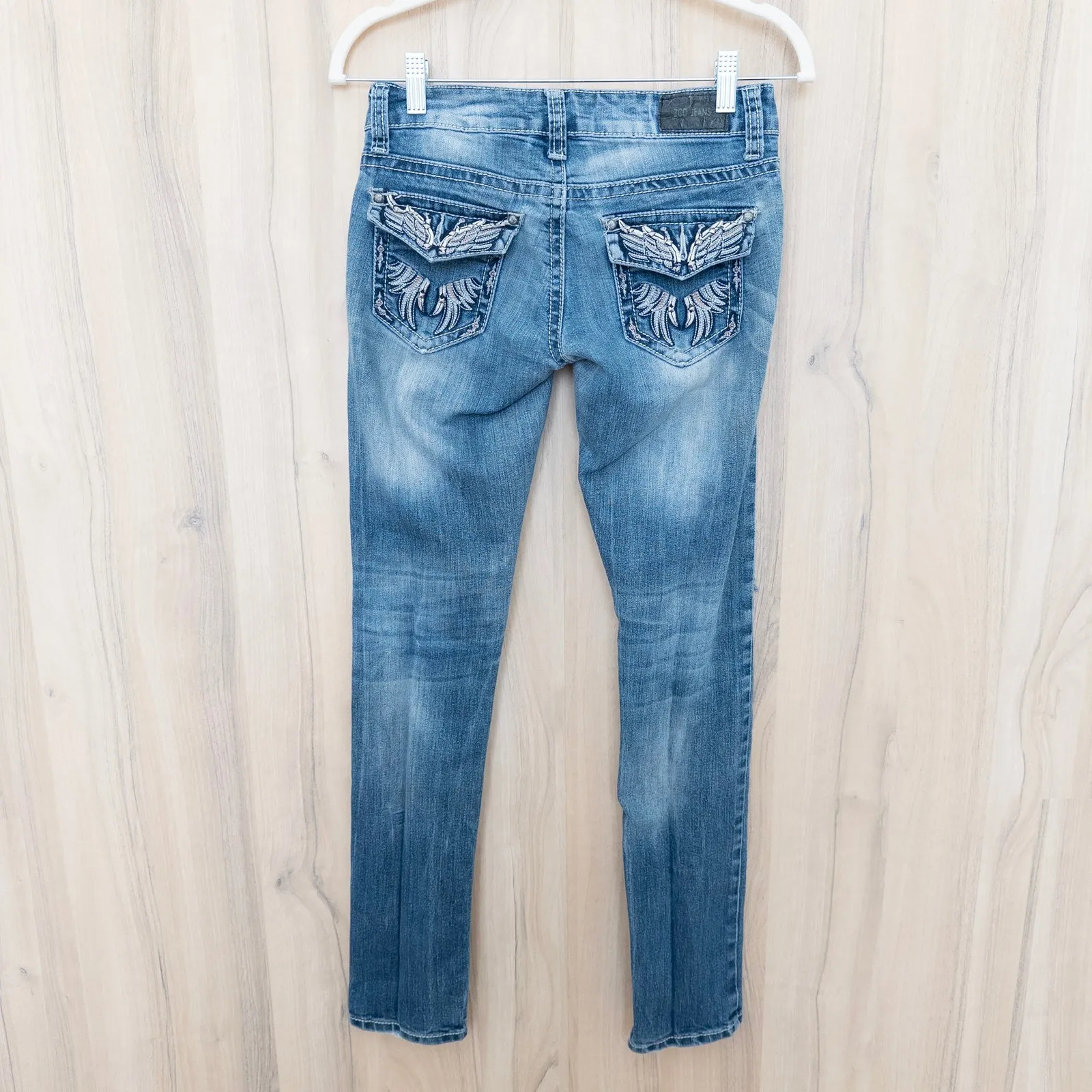 Y2K ZCO Womens Low Rise Jeans Size 0 Blue Distressed Skinny Beaded Pocket 2000s - Image 6