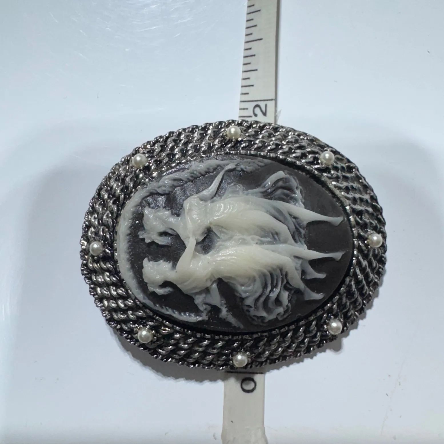 Vintage Cameo Brooch Black White Twin Women Dancing Filigree Frame Pearl Accents Silver - Image 2