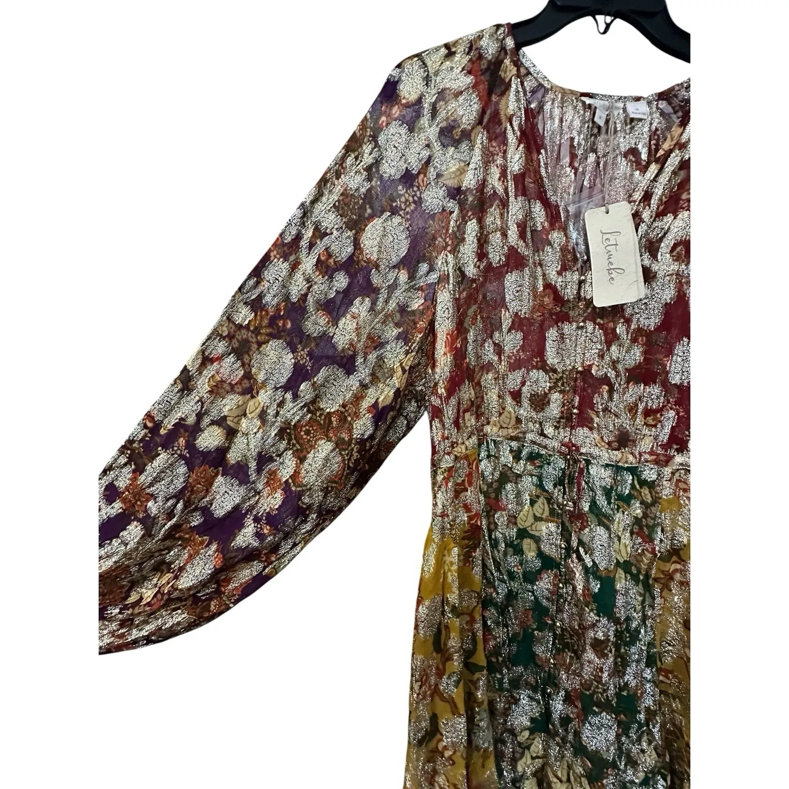 Anthropologie Let Me Be Dress Medium Gold Rainbow Floral Boho Long Sleeve AB14-1 - Image 3