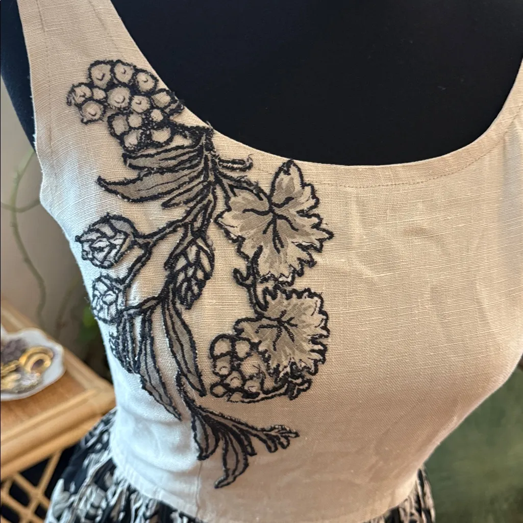 Vintage Handmade Black & Tan Floral Appliqué Fit & Flare Dress - Image 3