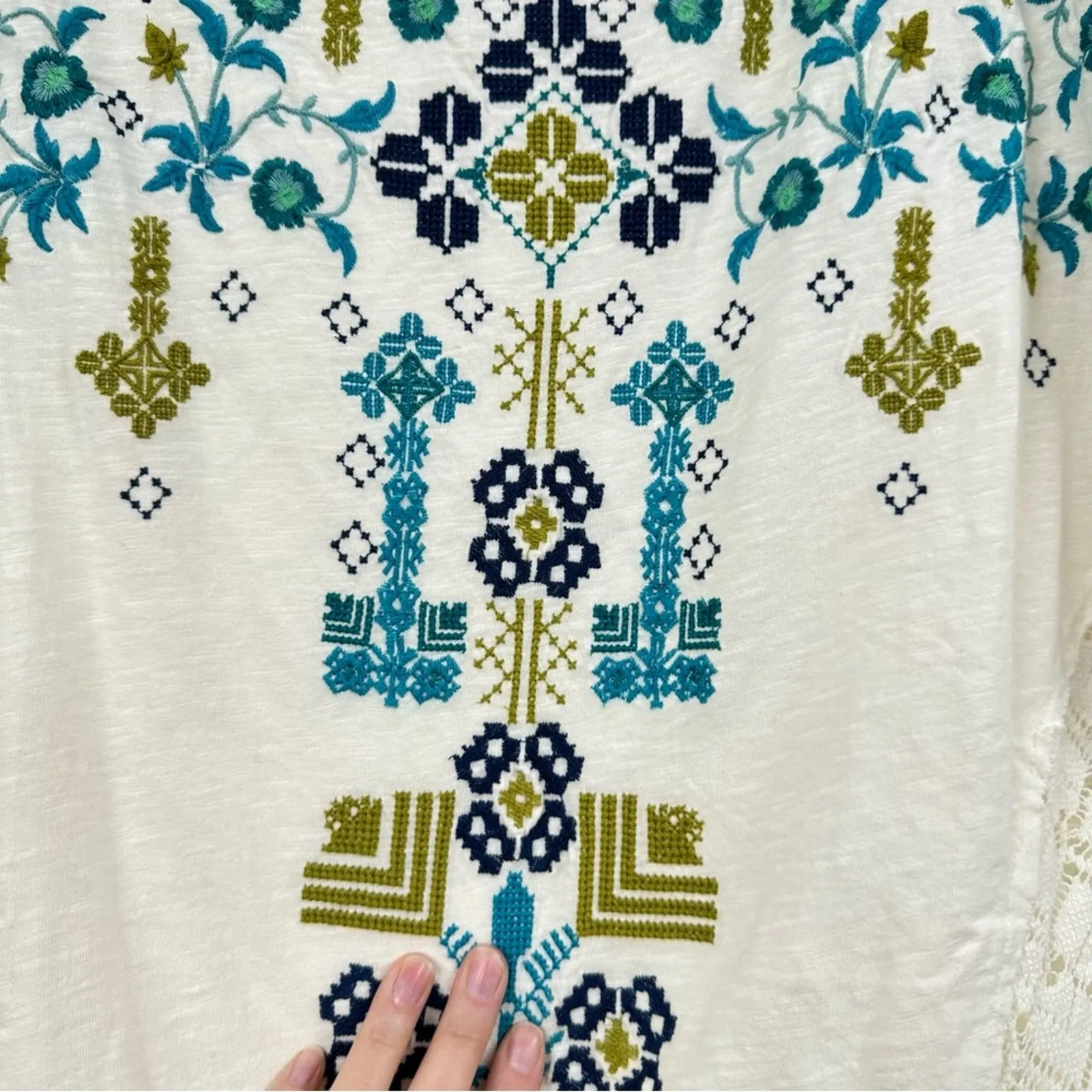 Sundance Boho Cream Floral Embroidered Crochet Short Sleeve Blouse Womens XS - Image 5