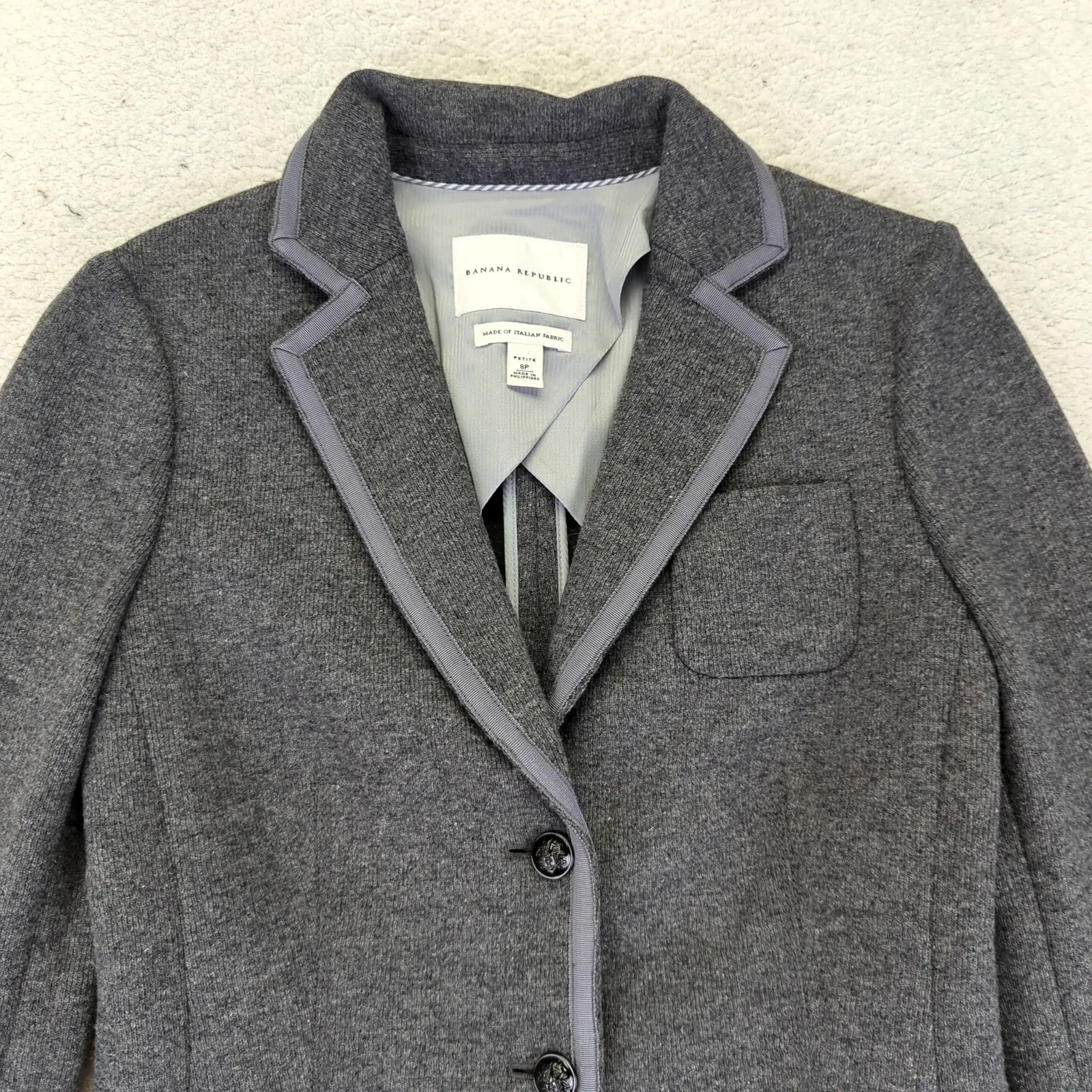 Banana Republic Tipped Blazer Jacket Womens 8P Gray Wool Knit Stretch Equestrian - Image 3