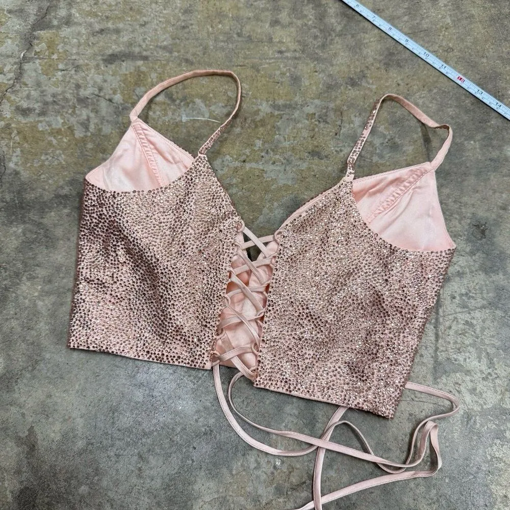 Vintage y2k rhinestone sparkly pink corset bustier crop top - Image 4