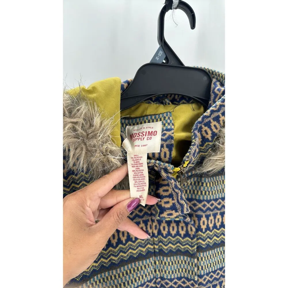 MOSSIMO Faux Fur Lined Hood SOUTHWESTERN western cabin country coat cinch waist Green Size XL - Image 4