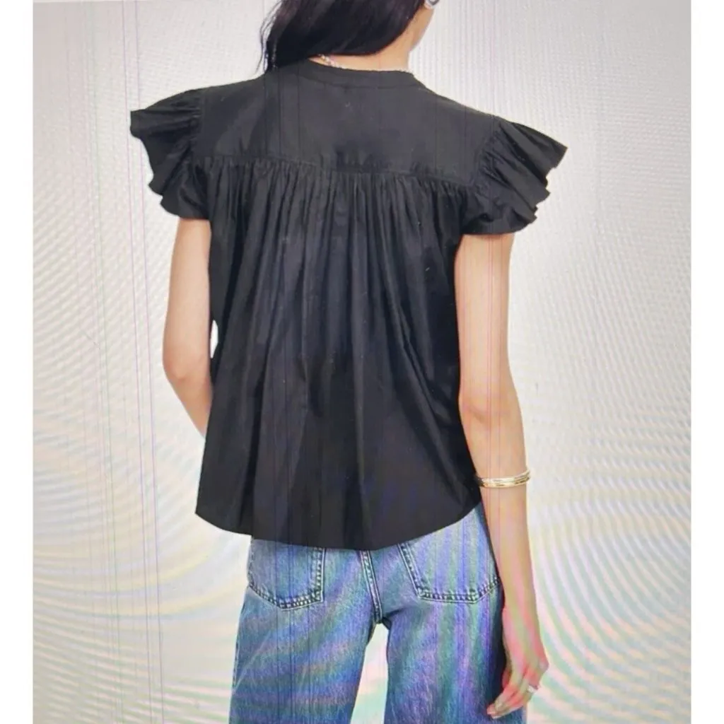 Madewell Poplin Shirred Button-Up Shirt Black Ruffle Sleeve Relaxed Fit Size XL - Image 2