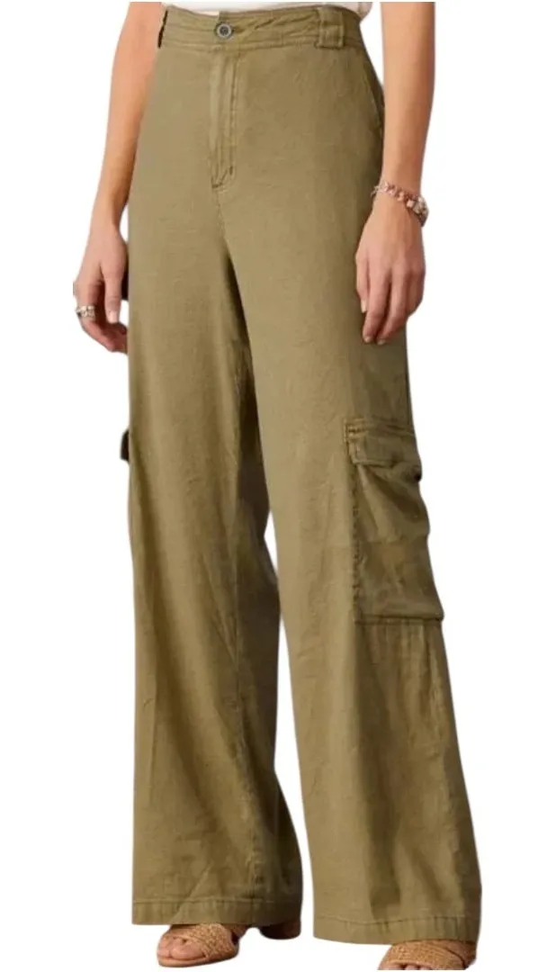 Sundance Willow Timeless Cargo Pants Linen Wide Leg Cedar High Rise Green 14 - Image 1