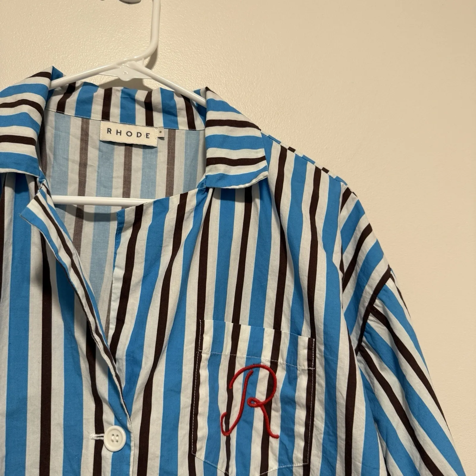 Rhode Blue Brown Striped Boxy Fit Button Down‎ Blouse R Embroidered Pocket Small - Image 2