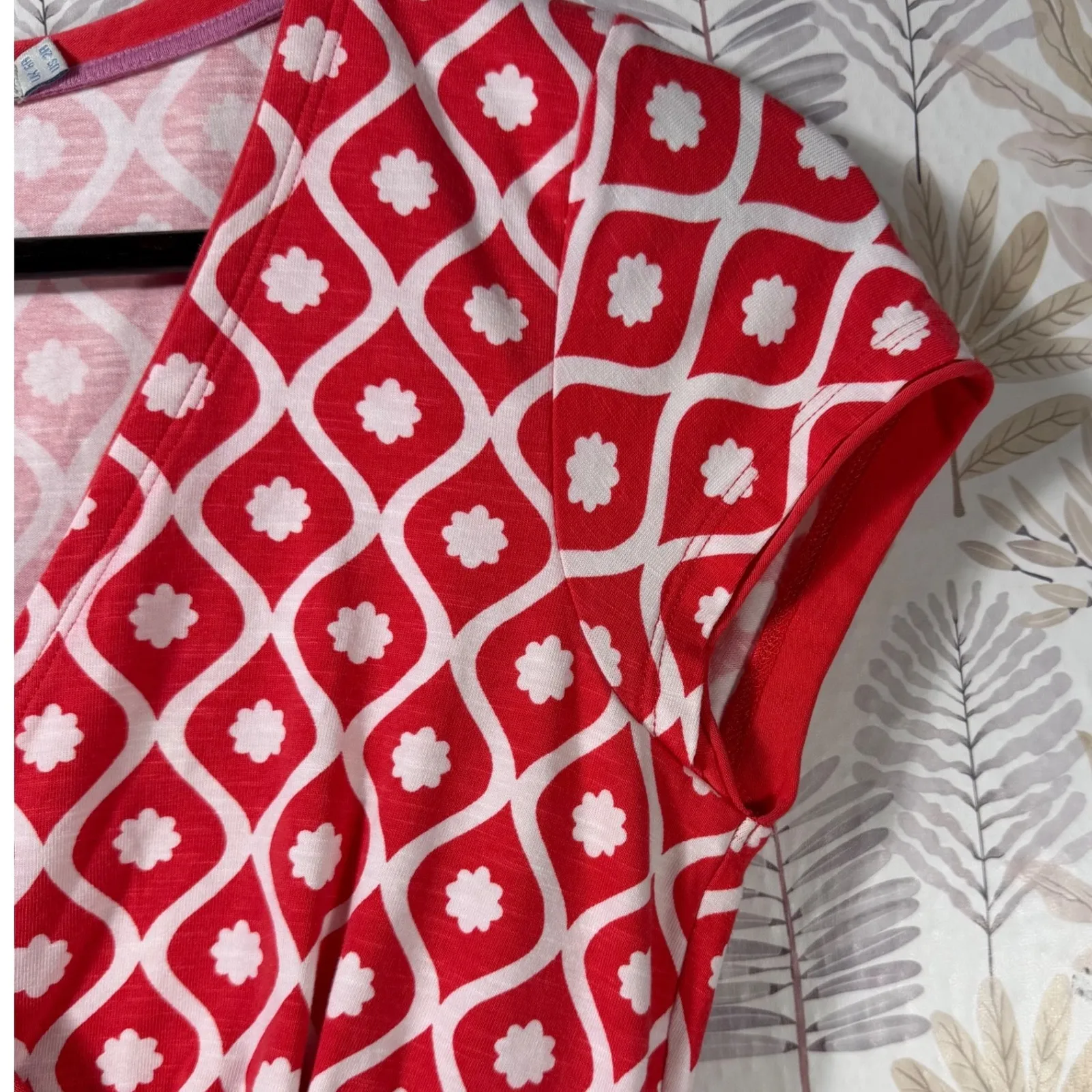 Boden Lola Jersey 2R Wrap Dress Stretch Cotton Cap Sleeve Midi Red White Print Size 2 - Image 6