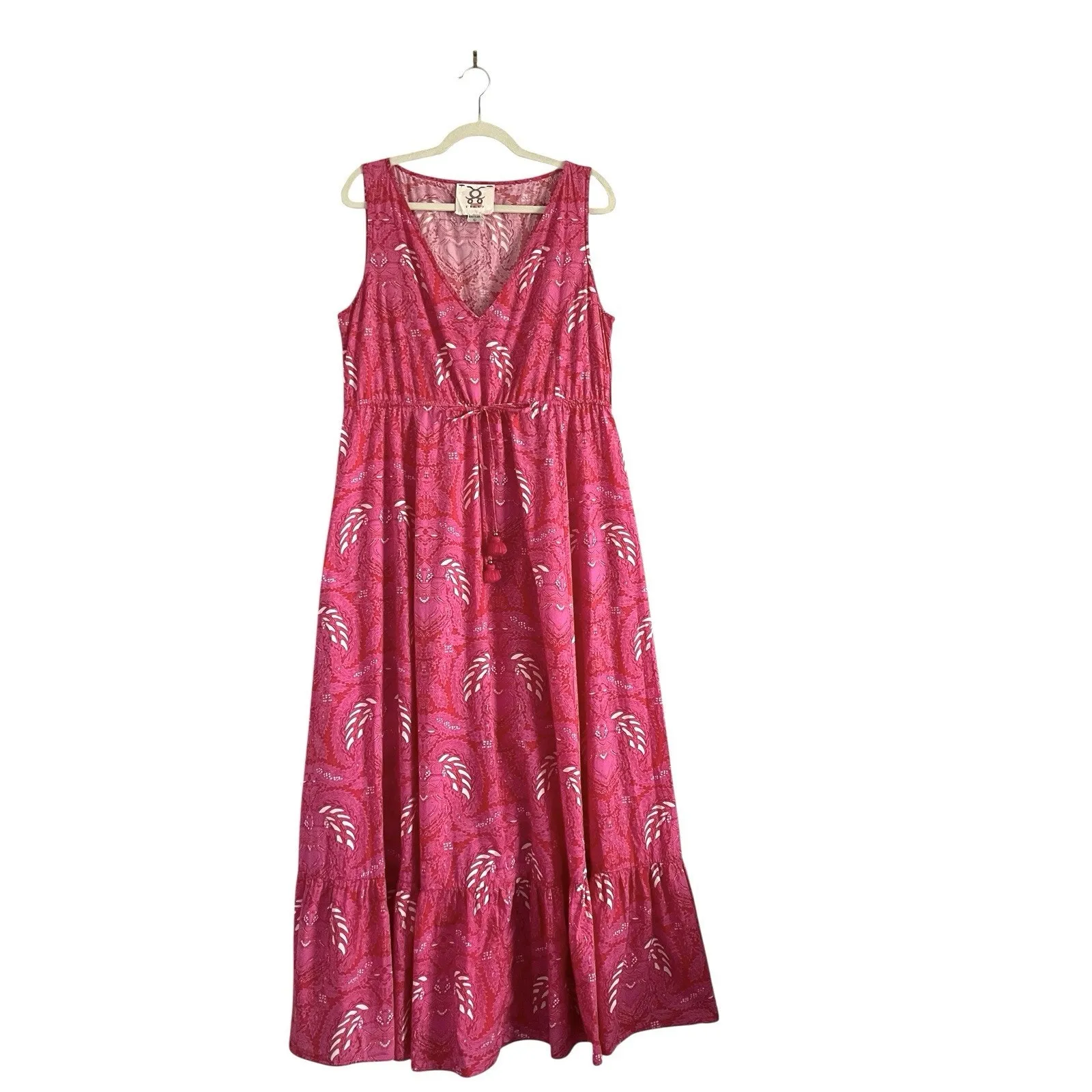 FIGUE Indira Tiered Maxi Dress Size L Pink Cotton Cinch Waist Coastal Boho Chic - Image 3