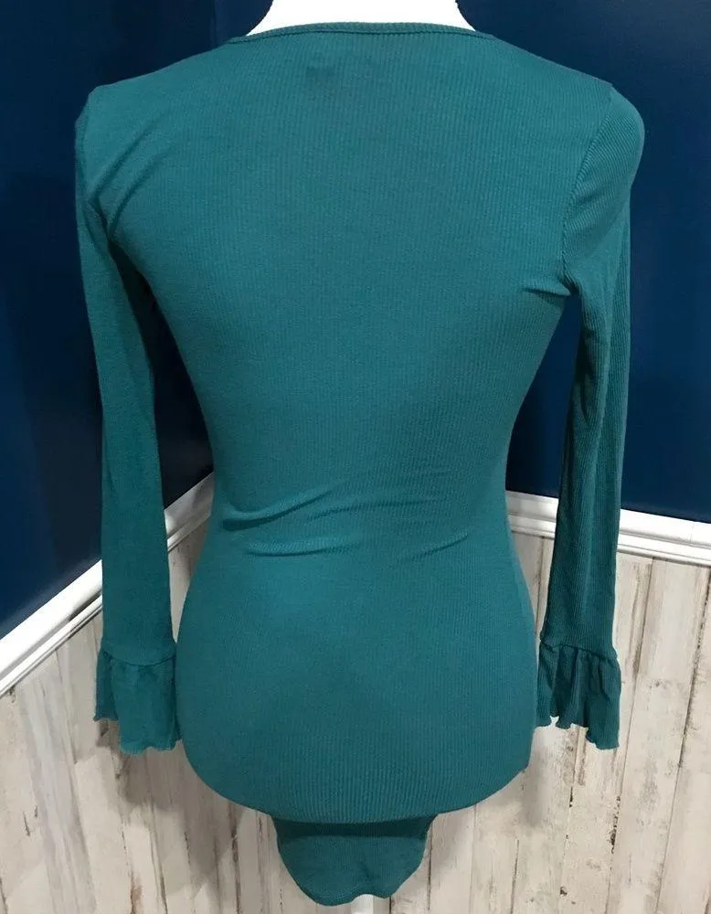 ASOS Teal Ribbed Bell Sleeve Body con Mini Dress - Image 6