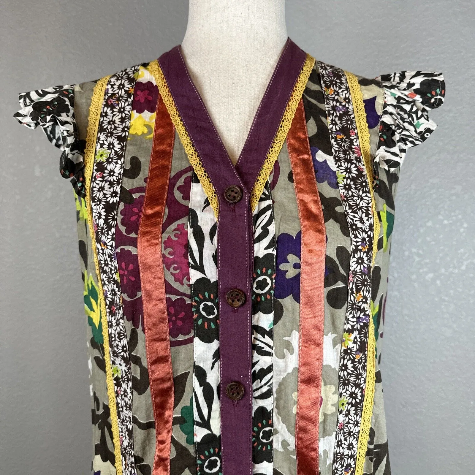 Double D Ranch Womens Drop Waist Tunic Dress Size S Floral Patchwork Ribbon Trim - Image 2