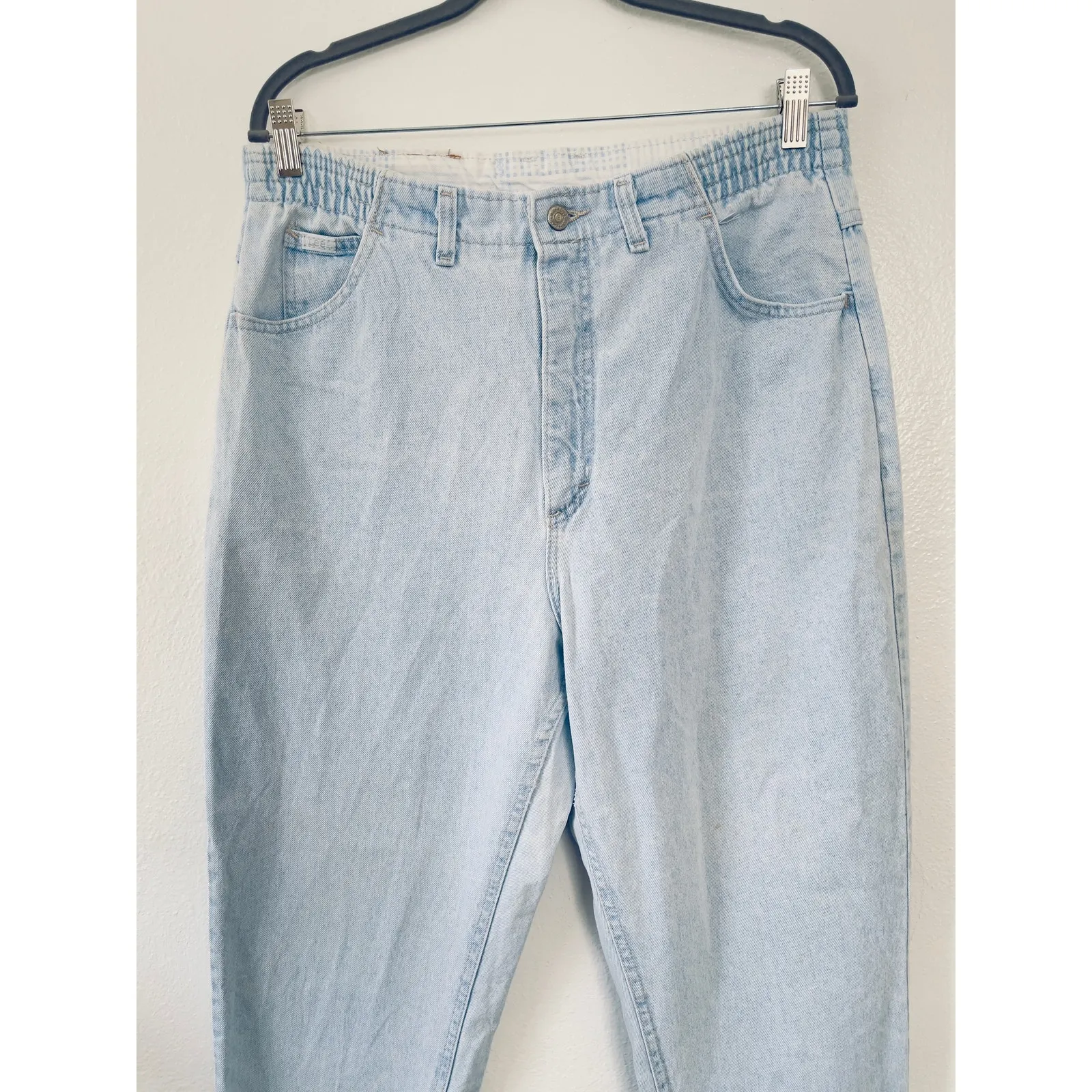 90s Vintage Lee Jeans High Rise Elastic Waist Light Wash Relaxed Womens 34 Denim - Image 3