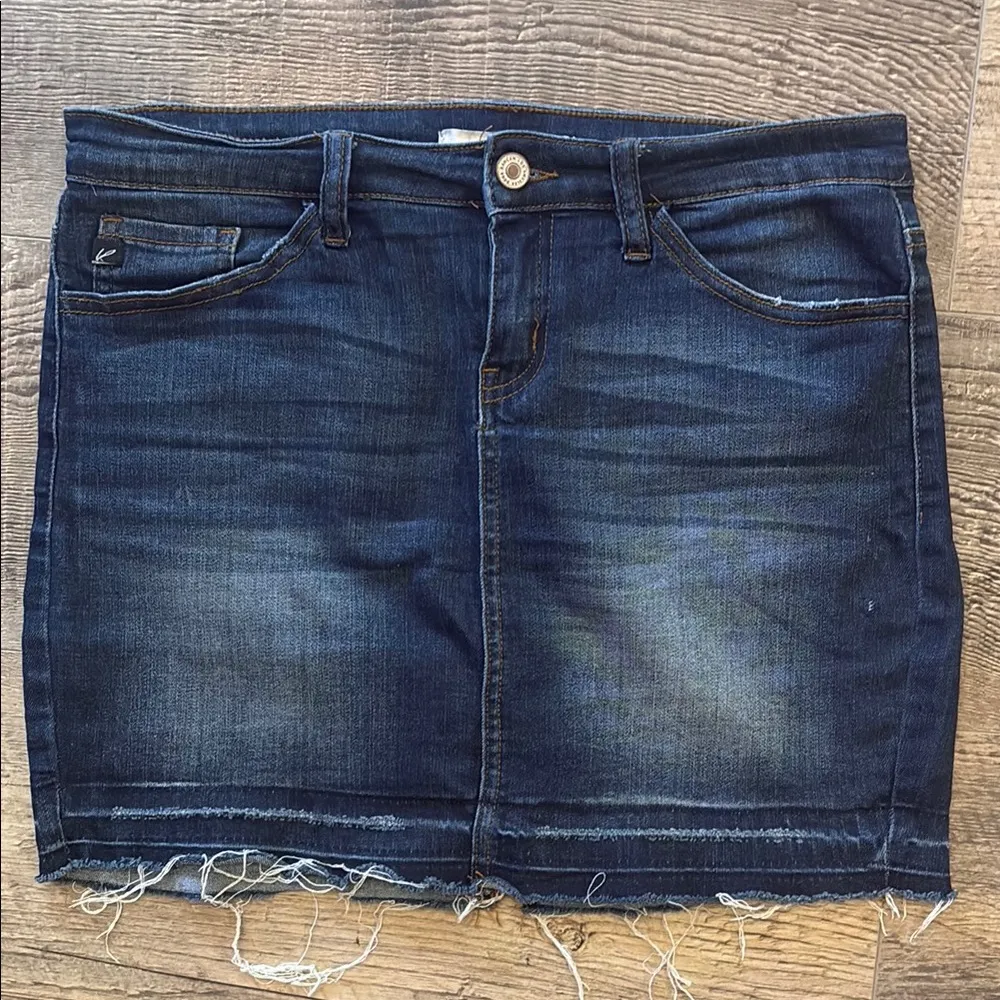 Kancan Dark Wash Distressed Stretch Denim Mini Skirt - Image 3