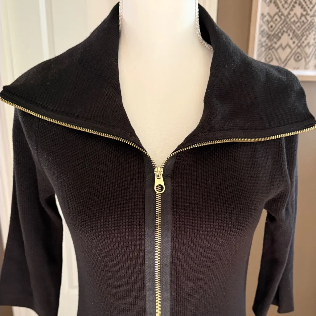 ELLEN TRACY Classic Black Ribbed-Knit Zipper Front Sweater Dress Soze Small - Image 7