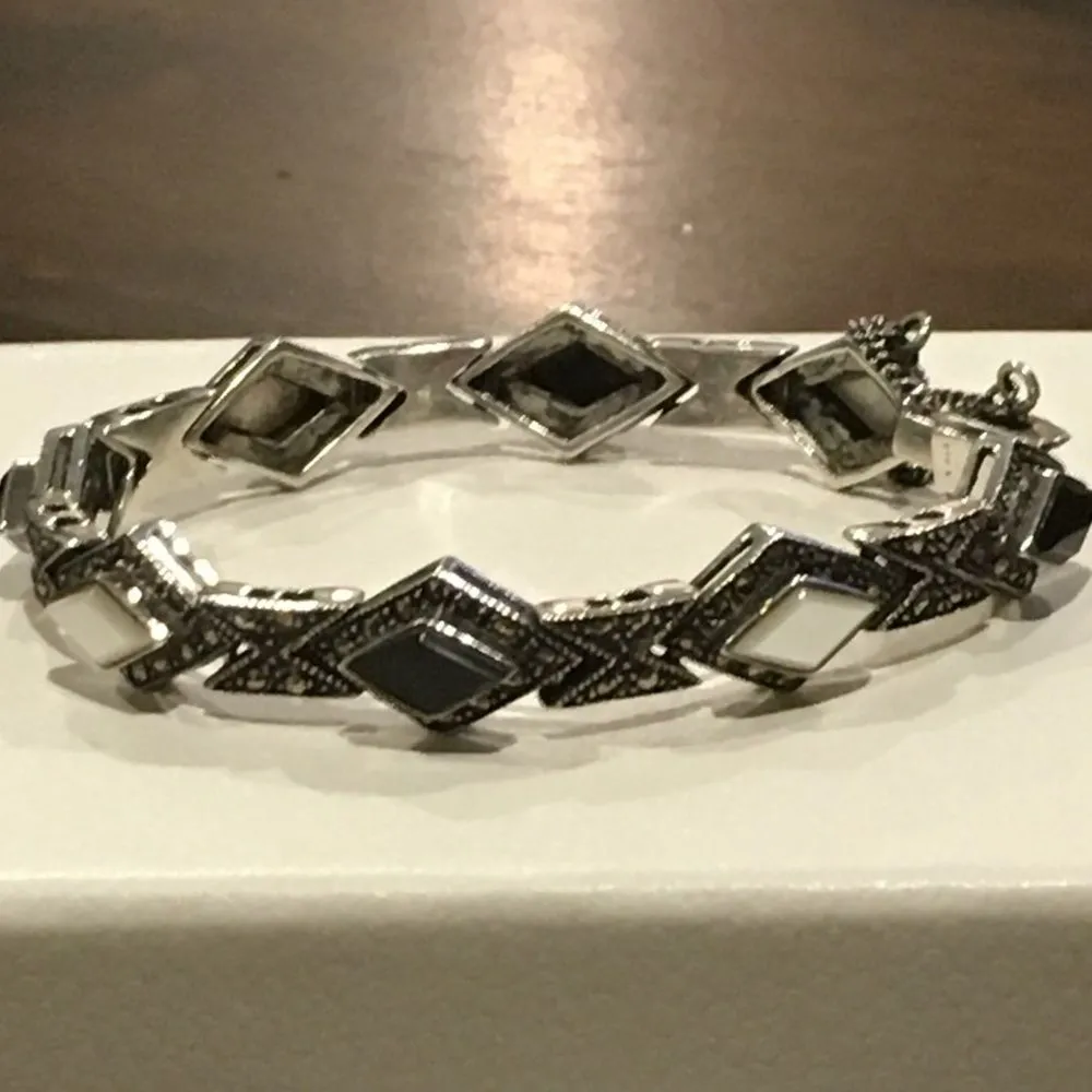 Art Deco Black Onyx Mother of Pearl Sterling Silver Marcasite Bracelet - Image 7