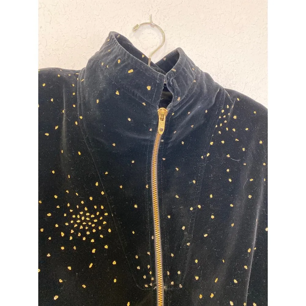 Portrait Vintage Black & Metallic Gold Fleck Peplum Velour Jacket Zipper Sz Lg - Image 4