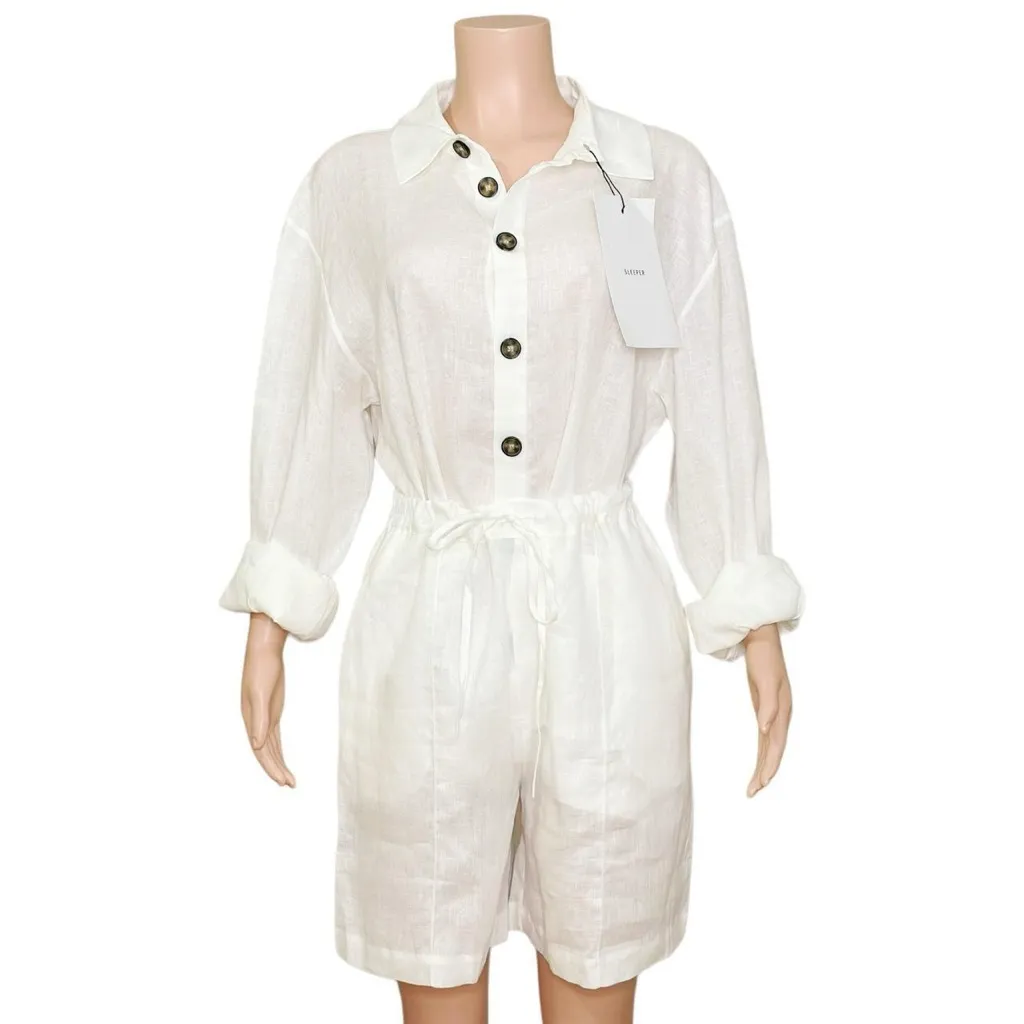 SLEEPER Linen Pajama Set With Shorts, White, XS/S - Image 9