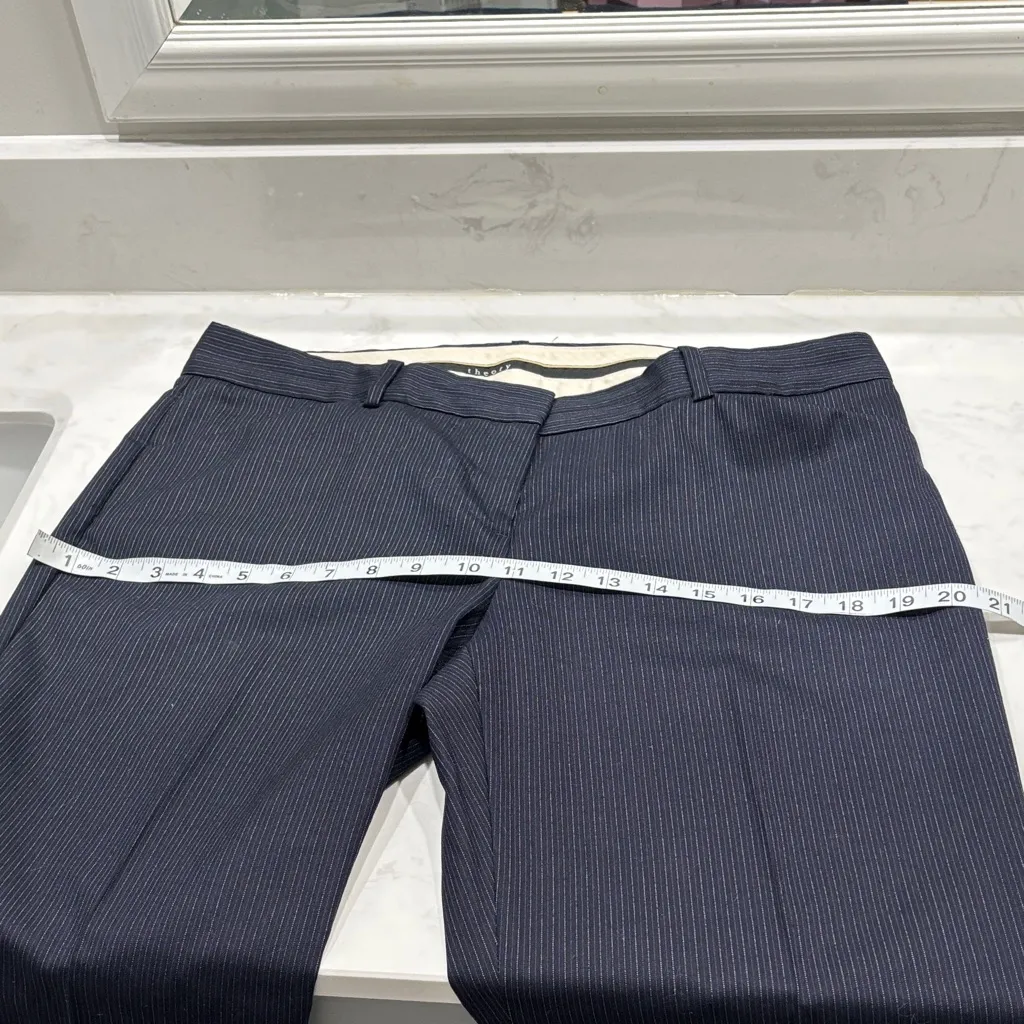 Theory Dark Blue Pinstripe, Wool, Wide-Leg Pants - Image 9