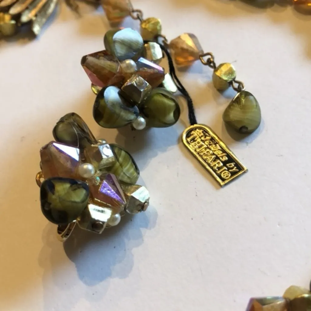 Jewels by Trifari Green & Rainbow Beaded AB Multi Strand Necklace Earrings Set - Image 5