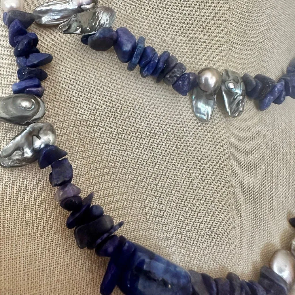Lapis Lazuli & Freshwater Pearl Double Strand Necklace Blue - Image 6