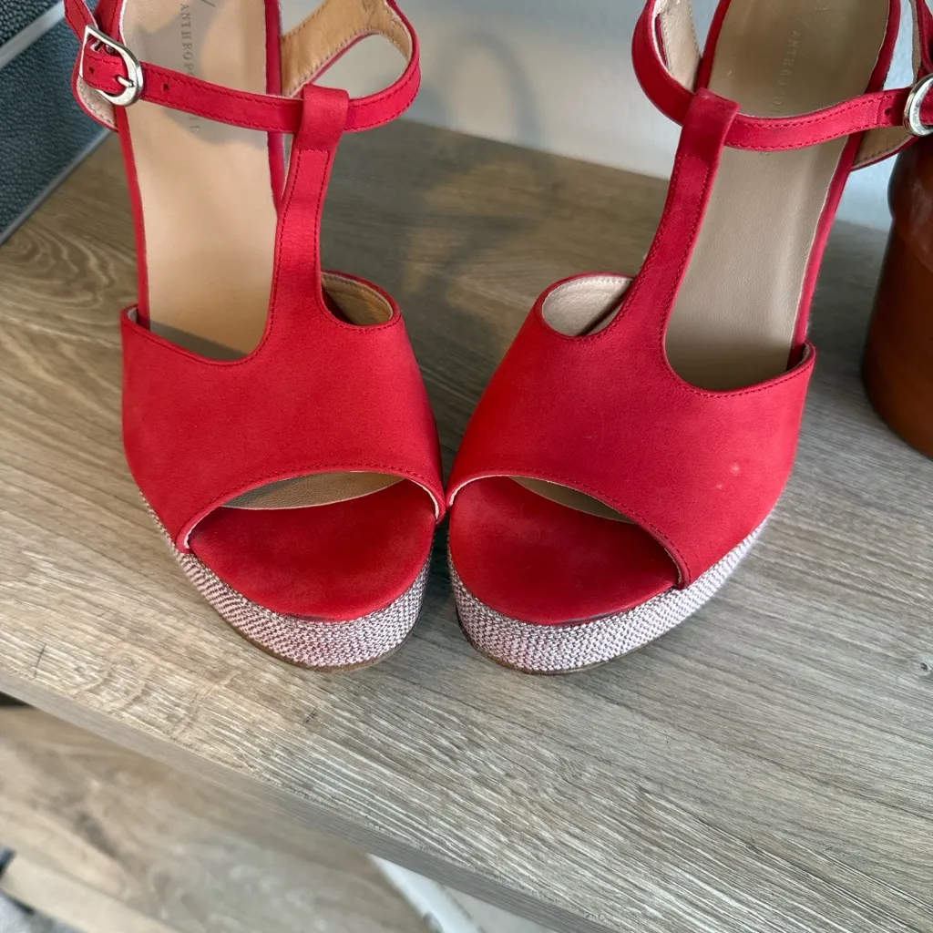 Anthropologie Glitz T-Strap Red Suede Platform Block Heels, 9.5 - Image 3