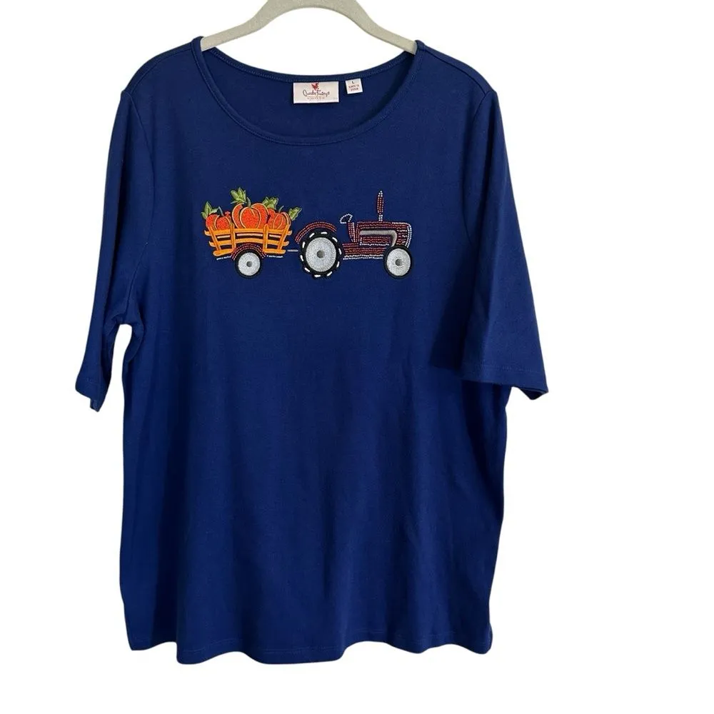 Quacker Factory Blue Embroidered Embellished Knit Fall Halloween Shirt Top Large - Image 10