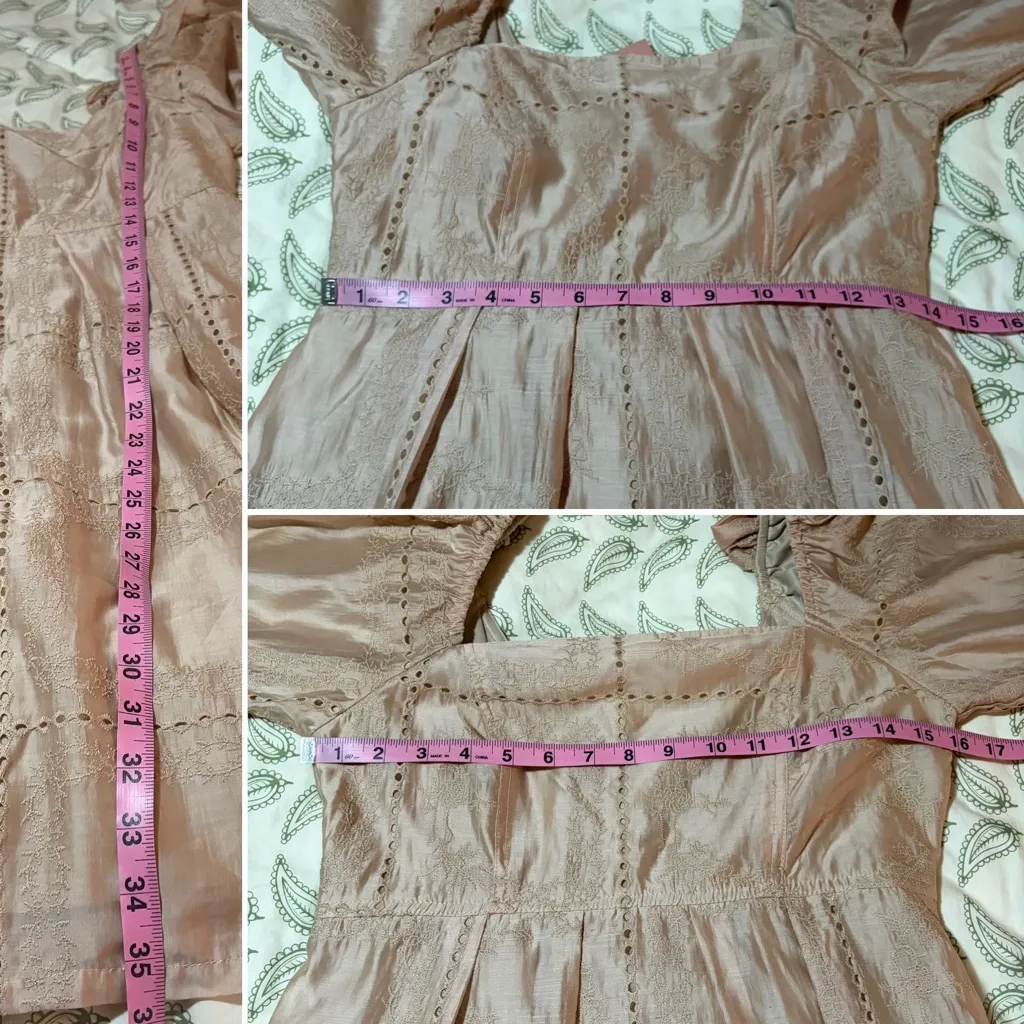 Listicle Champagne Beige Embroidered Eyelet Square Neck Puff Sleeve Dress S NWT - Image 11