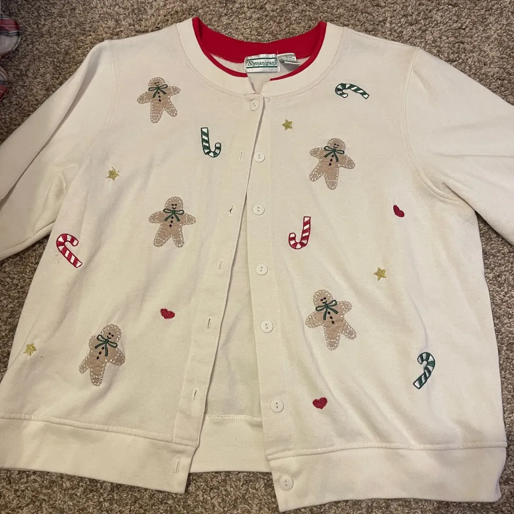 Vintage Cream Cardigan candy cane gingerbread Embroidery L cottage core grandma Red Size L - Image 2