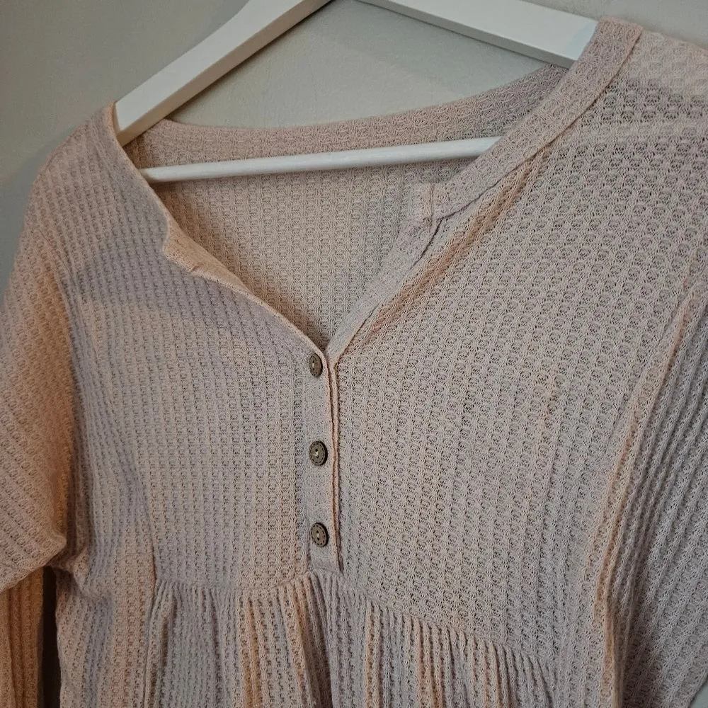 Shein Thermal Top Long Sleeve V-Neck Button front Casual Neutral Cream - Image 3