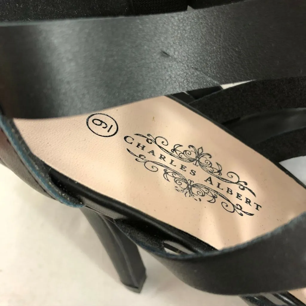 Charles Albert Stiletto Heels Faux Leather Gladiator Cage Peep Toe Black 9 - Image 6