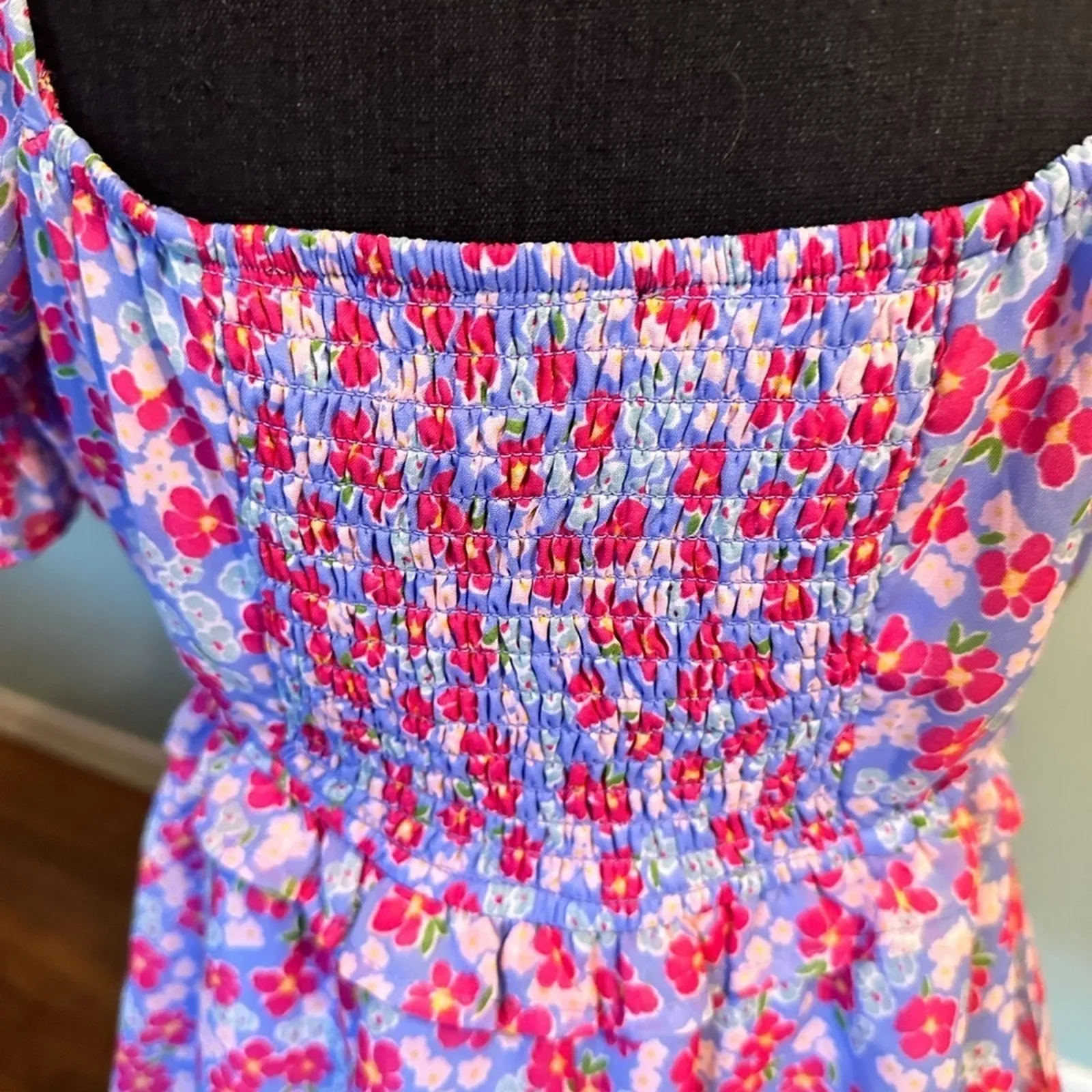 Wednesday's Girl Ruched Bust Mini Tea Dress | Purple Pink Floral | Size S - Image 4