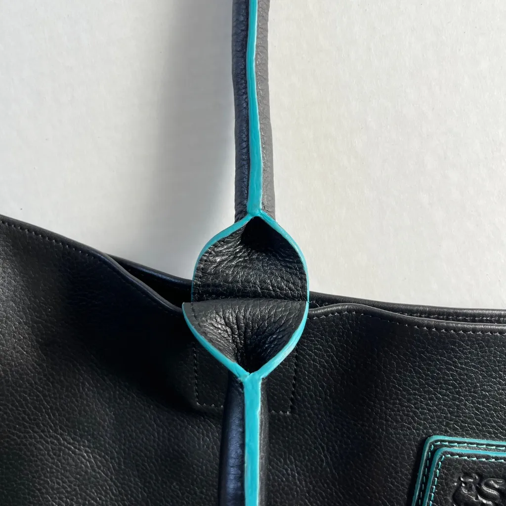 Black Deertan‎ Cowhide Leather Tote Bag Teal Trim Classic Minimalist Purse - Image 5