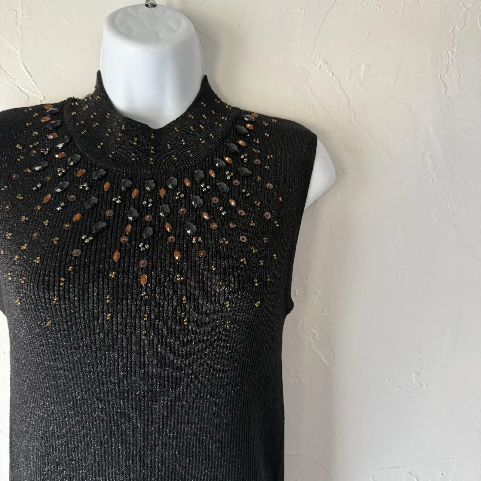 Bestow Wear Y2k Womens Small Beaded Knit Silk Blend Sleeveless Top Pullover Black - Image 4