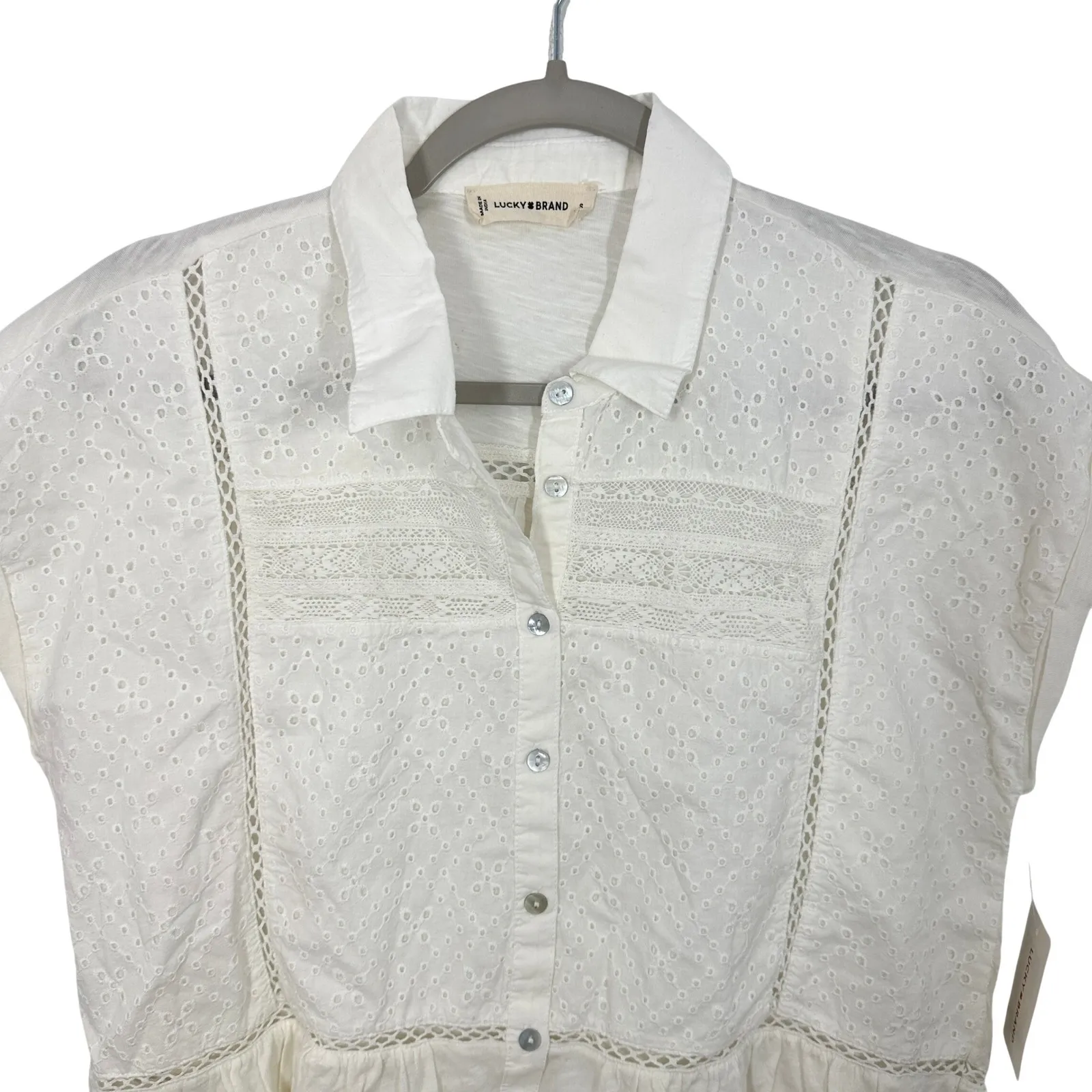 Lucky Brand White Eyelet Peplum Babydoll Button Up Shirt Top Boho Cotton NWT - Image 10