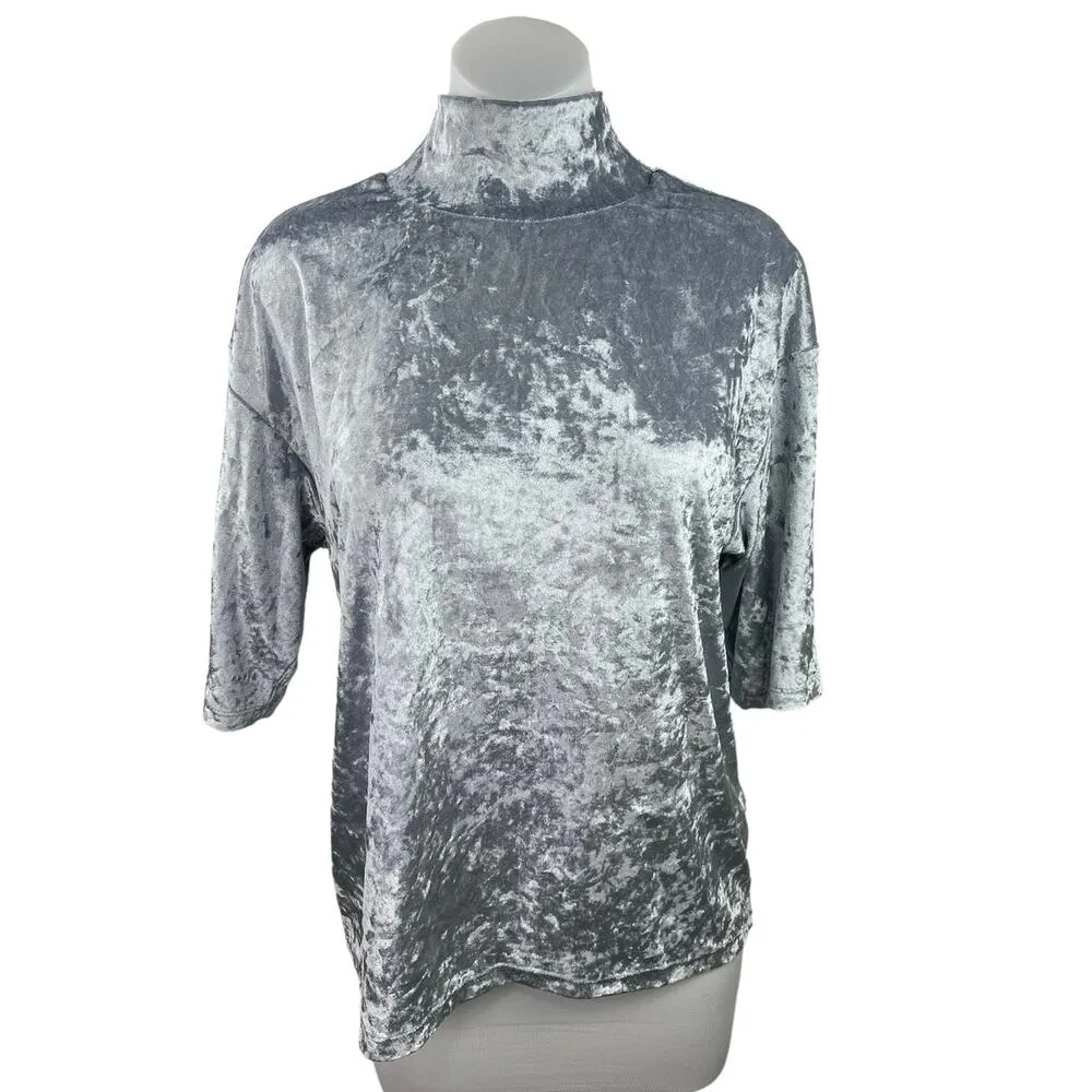 NEW Et Tigre Kenji Silver Metallic Velvet Velour Short Sleeve Mock Neck Top Sz S - Image 3