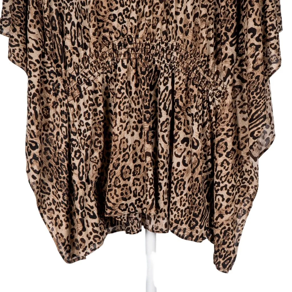 NY Collection Leopard Print Shirt S Womens Brown Flutter Sleeve Smocking Stitch - Image 3