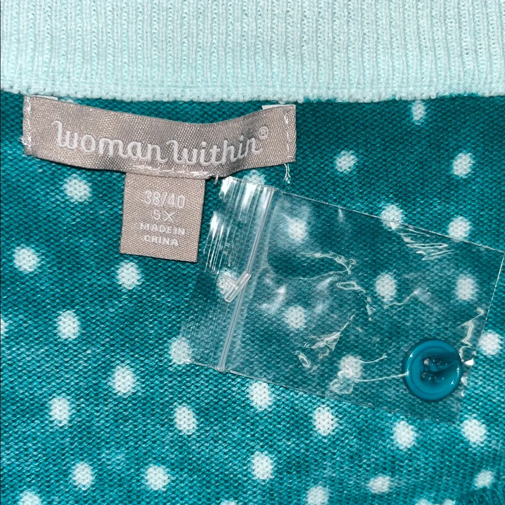 Woman Within NWT Size 38/40 5X Teal - White Polka Dot Sweater Cardigan - Image 4