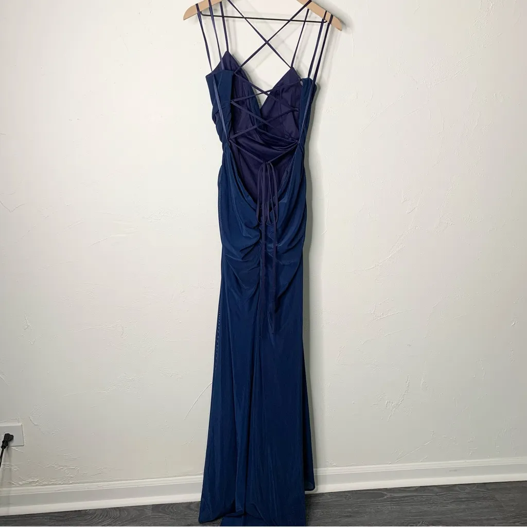 La Femme 12 Surplice Front Strappy Tie Back Ruch Jersey Gown Aegean Blue - Image 3
