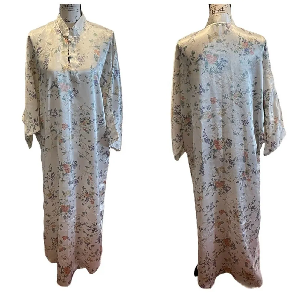 Barbizon Nightgown Floral Ivory Pink Size Large Vintage Kimono Mock Neck Rare - Image 9