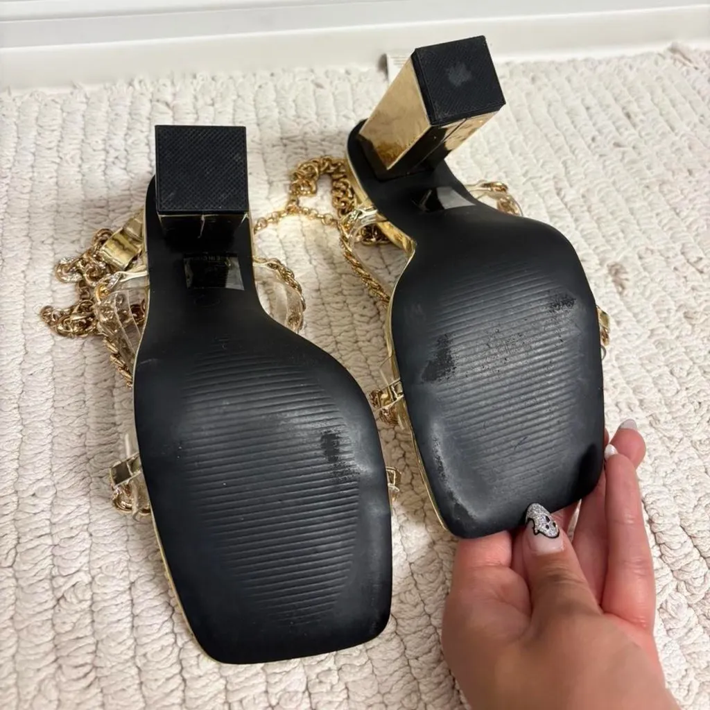 Gold block heels with rhinestone chains Size 6 - Image 5