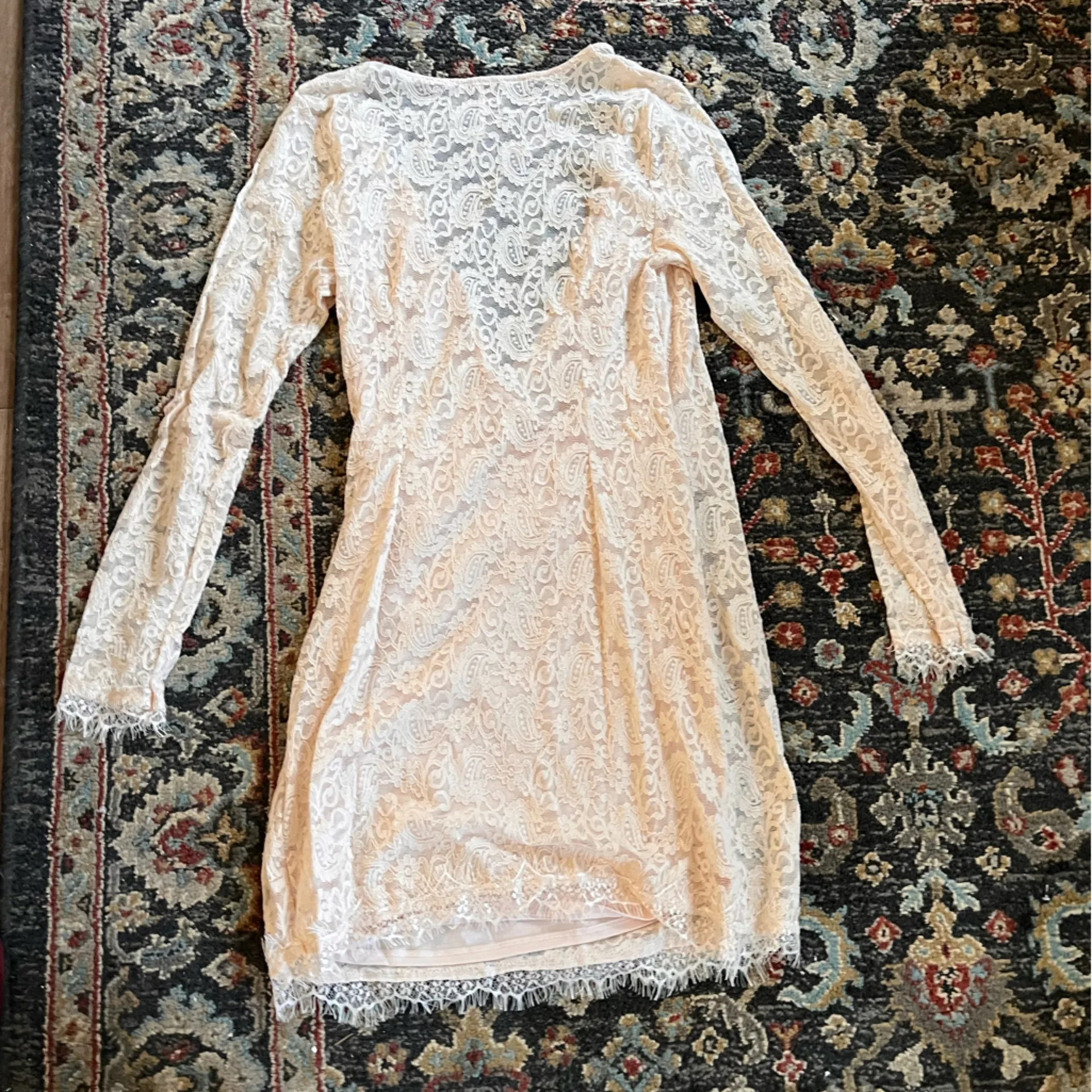 FREE PEOPLE Mini PEARL LACE Pink Cream Faux Wrap V Neck Dress medium - Image 6