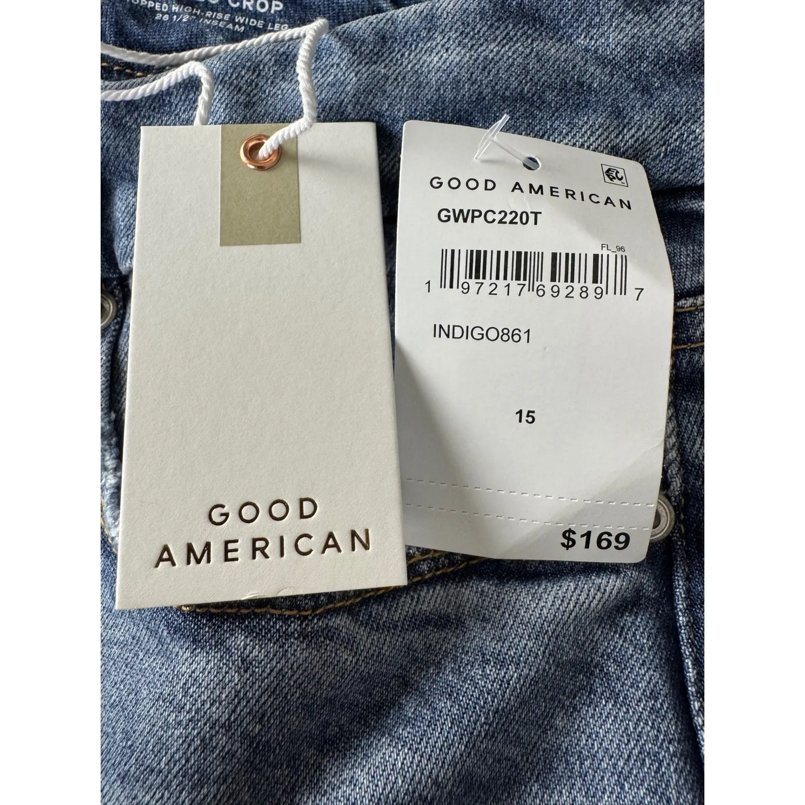 GOOD AMERICAN Good Waist Palazzo Crop Wide Leg Jeans Size 15 Medium Wash - Image 9