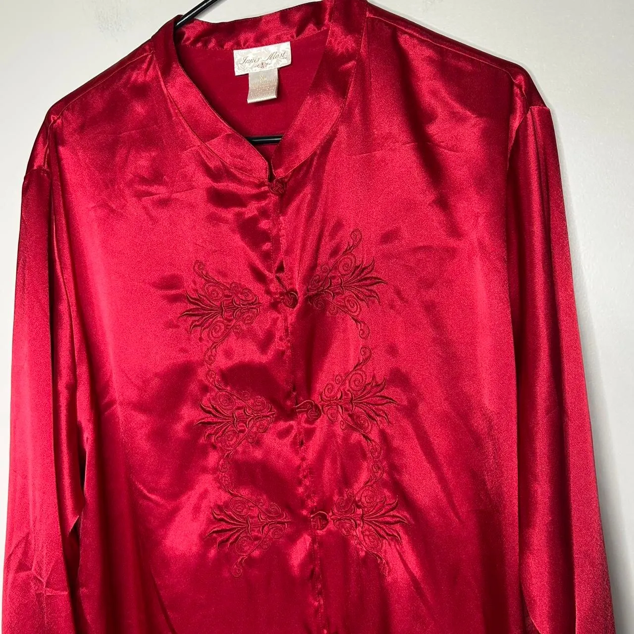 Vintage 90s Red Satin Embroidered Mandarin Collar Tunic Dress Top L - Image 5