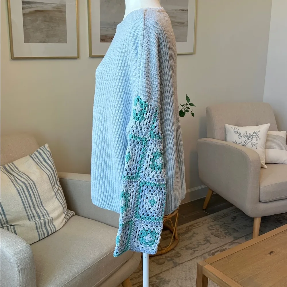 Le Lis Granny Square Crochet sleeve Oversized Boxy Pullover Sweater Light Blue - Image 5