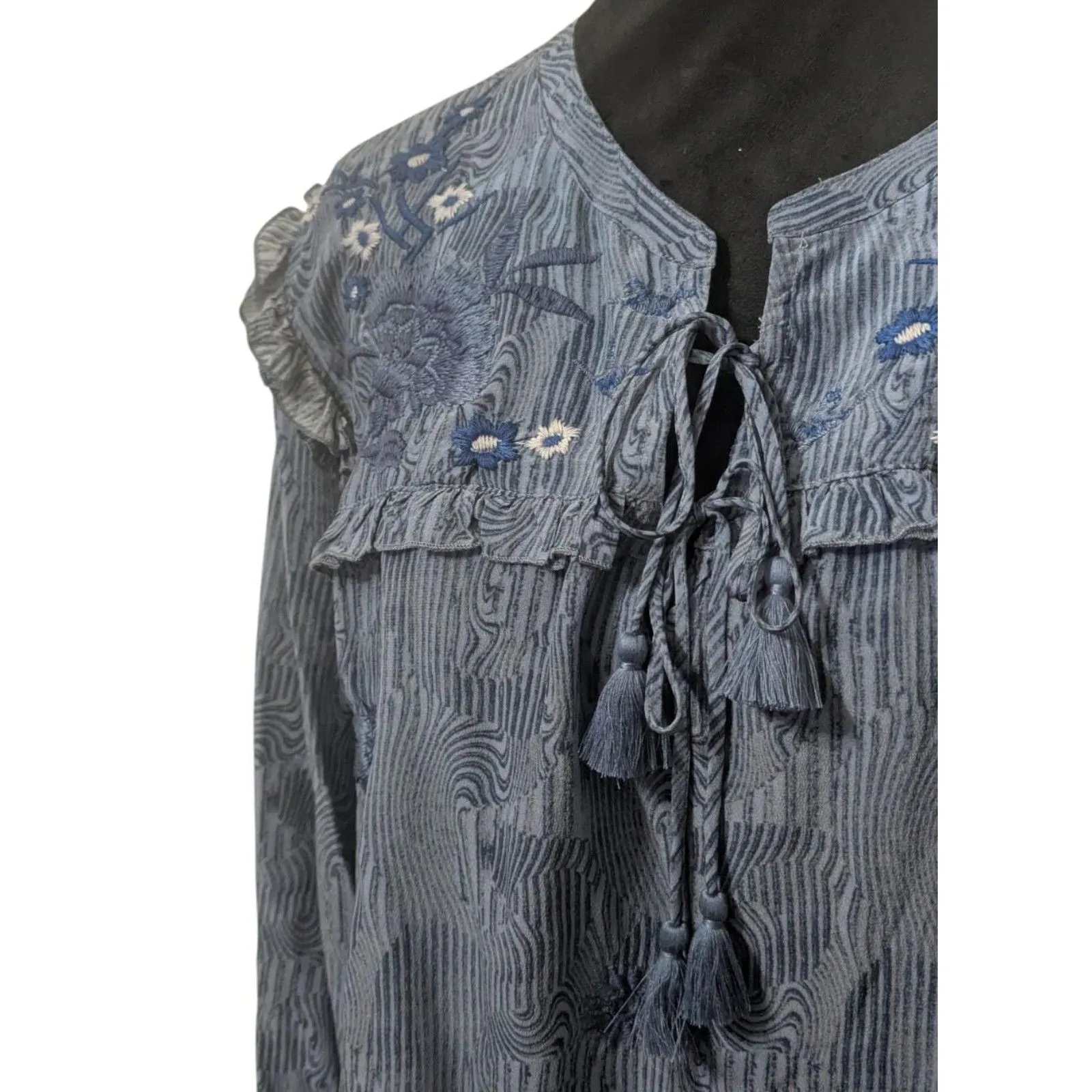 Johnny Was Workshop XL Blue Silk Tunic Blouse Embroidered Ruffle Tassel Boho - Image 2