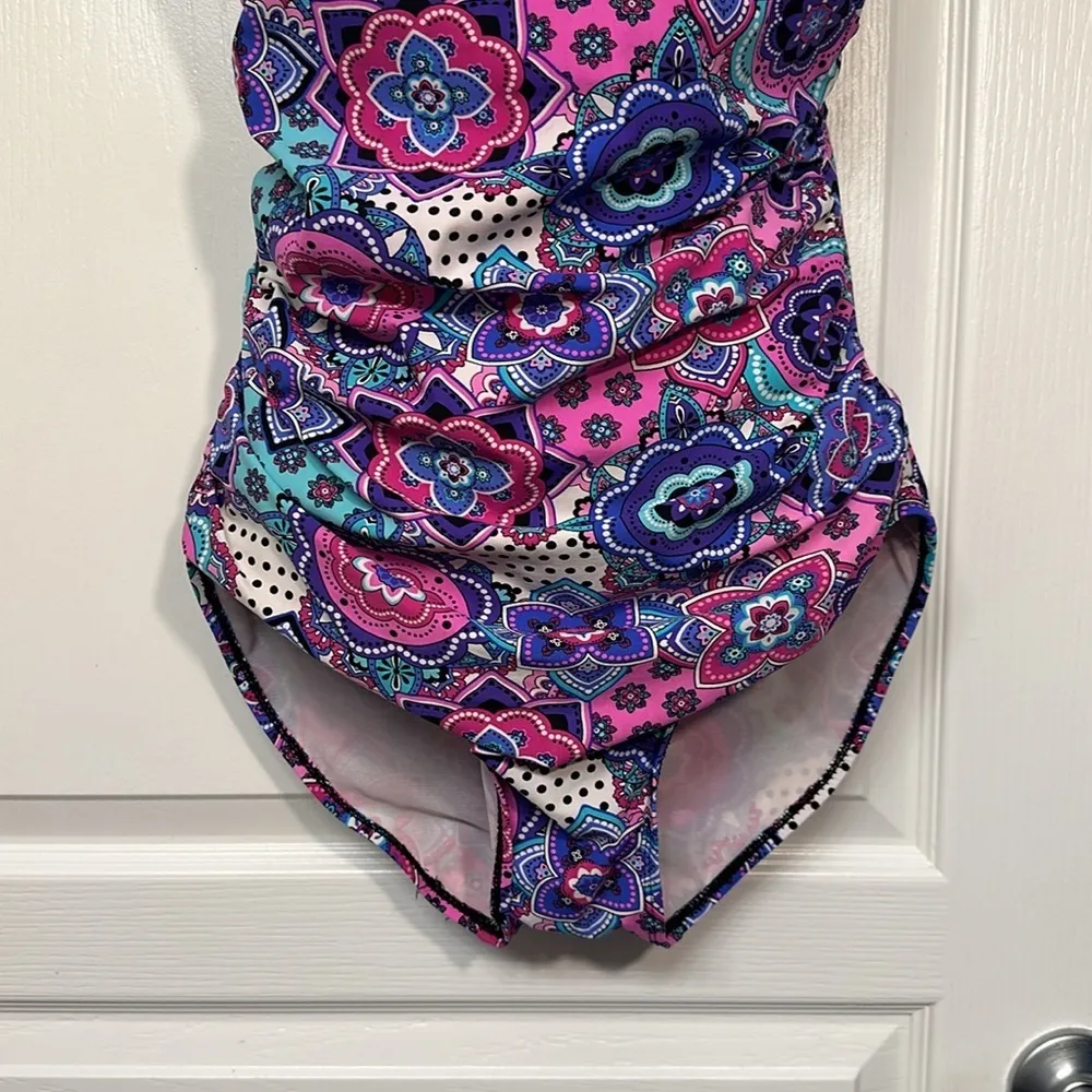 Assets Spanx Madison Ave Ruched Pink Purple Blue Paisley Swimsuit Large #4009 - Image 3