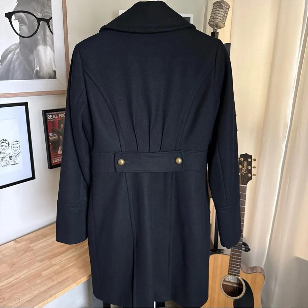 GUESS Pea Coat Women Large Black Wool Shell Lined Jacket Gold Button Size S - Image 6